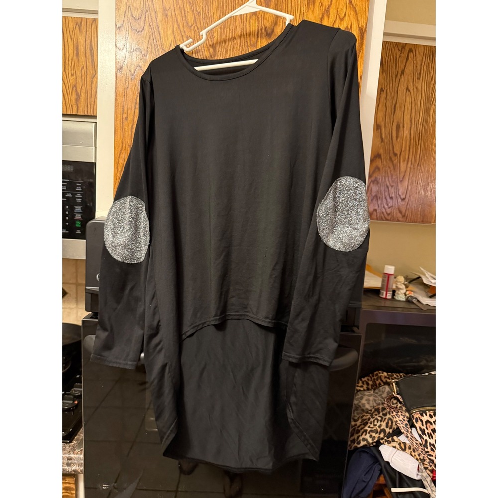Womens Black Long Sleeve Glitter Elbow Patch High Low Tunic Top XL